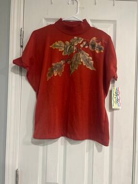 VTG Sky Lite Mock Neck Top Dark Orange Fall Leaves Acorns New With Tags Small